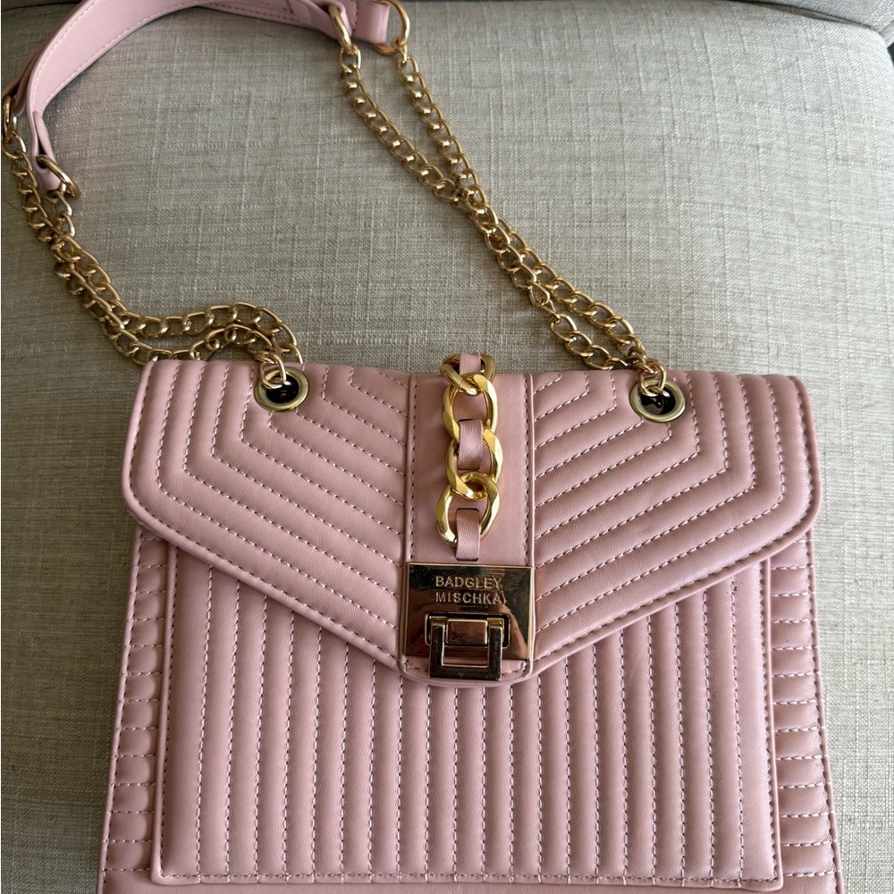 Badgley Mischka Blush Pink Quilted Crossbody with Gold Chain